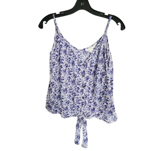 H&M White Blue Floral Button Tie Front V Neck Sleeveless Strap Tank Top Sz Small - Picture 1 of 10